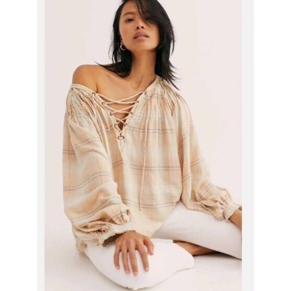 We The Free Plaid Lace Up Blouse Long Sleeve Gauzy Cotton Boho Flowy Blend Large
